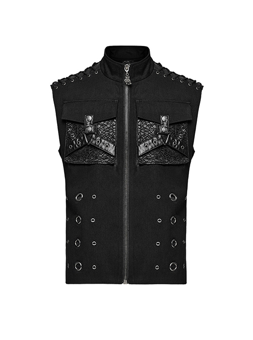 Punk Style Handsome Metal Eyelet Cracked Leather Stitching Unique 3D Pocket Cross Strap Black Male Vest