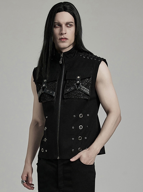 Punk Style Handsome Metal Eyelet Cracked Leather Stitching Unique 3D Pocket Cross Strap Black Male Vest