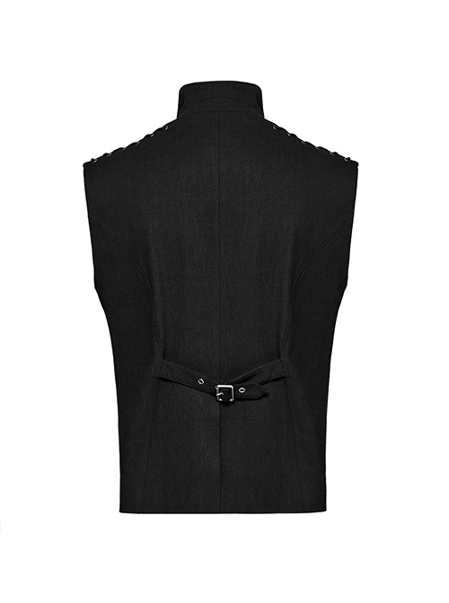 Punk Style Handsome Metal Eyelet Cracked Leather Stitching Unique 3D Pocket Cross Strap Black Male Vest