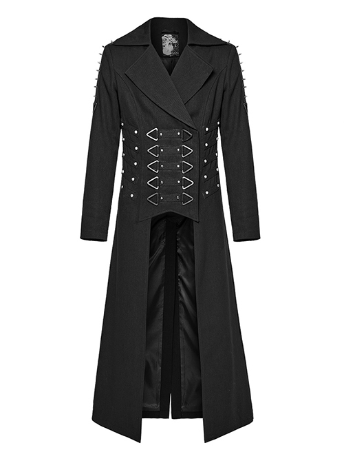 Punk Style Elegant Lapel Metal Triangle Ring Spike Rivet Decoration Back Cross Strap Black Long Sleeves Coat