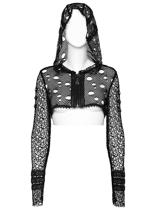 Punk Style Leather Patchwork Mesh Irregular Personality Ripped Holes Black Long Sleeves Hooded Short Jacket