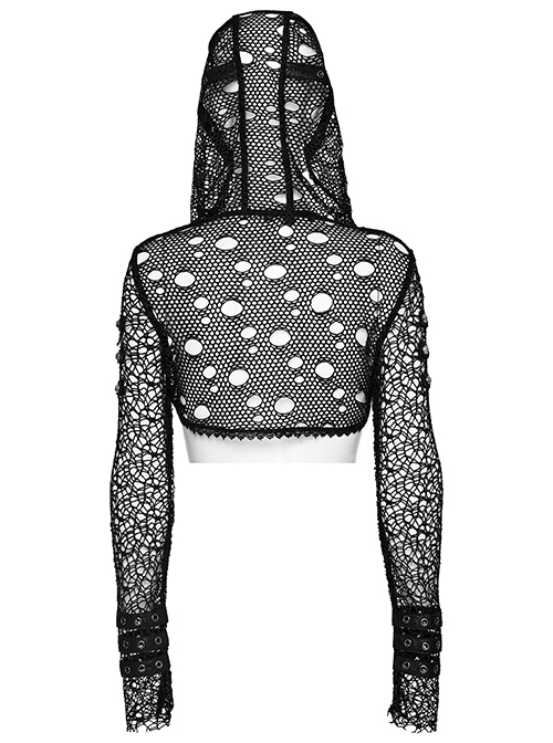 Punk Style Leather Patchwork Mesh Irregular Personality Ripped Holes Black Long Sleeves Hooded Short Jacket