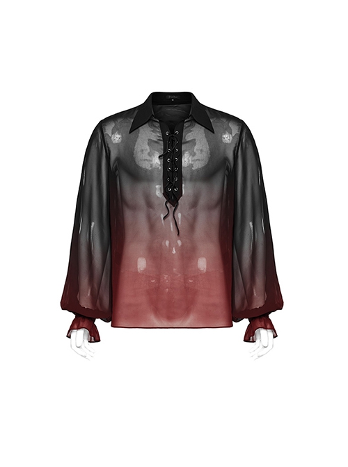 Gothic Style Sexy Deep V Neck Cross Straps Slightly Transparent Mesh Black Red Gradient Long Sleeves Shirt