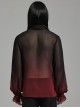 Gothic Style Sexy Deep V Neck Cross Straps Slightly Transparent Mesh Black Red Gradient Long Sleeves Shirt