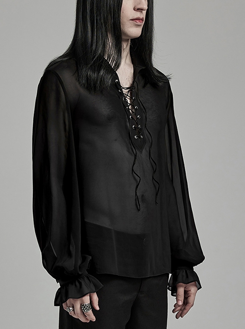 Gothic Style Deep V Neck Sexy Cross Straps Light Perspective Mesh Black Long Lantern Sleeves Chiffon Shirt