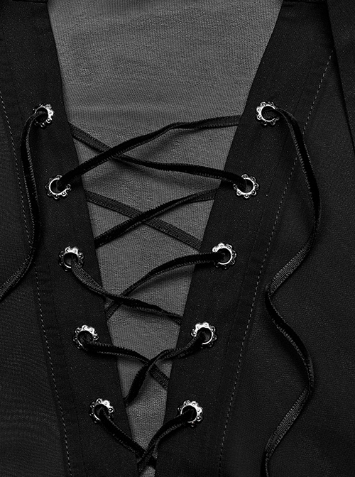 Gothic Style Deep V Neck Sexy Cross Straps Light Perspective Mesh Black Long Lantern Sleeves Chiffon Shirt