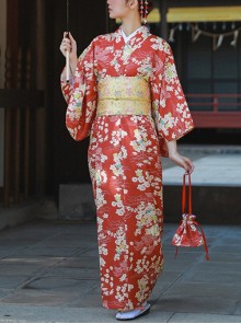Summer Vintage Traditional Red Japanese Style Kawaii Fashion Gorgeous Small White Floral Pattern Kimono