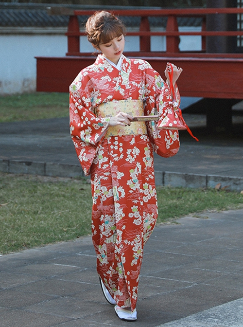 Summer Vintage Traditional Red Japanese Style Kawaii Fashion Gorgeous Small White Floral Pattern Kimono