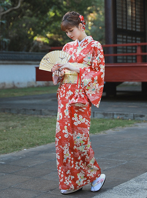 Summer Vintage Traditional Red Japanese Style Kawaii Fashion Gorgeous Small White Floral Pattern Kimono