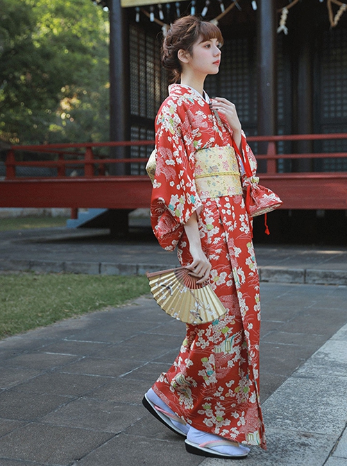 Summer Vintage Traditional Red Japanese Style Kawaii Fashion Gorgeous Small White Floral Pattern Kimono