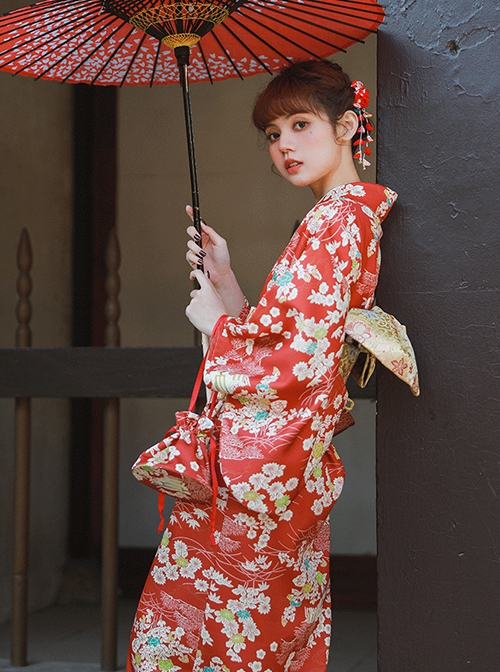 Summer Vintage Traditional Red Japanese Style Kawaii Fashion Gorgeous Small White Floral Pattern Kimono