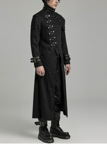 Punk Style High Collar, Detachable Shoulder Piece Metal Rivet Buckle Decoration Cool Black Male Long Coat