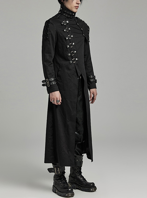 Punk Style High Collar, Detachable Shoulder Piece Metal Rivet Buckle Decoration Cool Black Male Long Coat