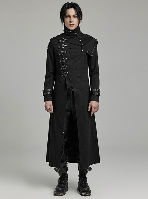 Punk Style High Collar, Detachable Shoulder Piece Metal Rivet Buckle Decoration Cool Black Male Long Coat