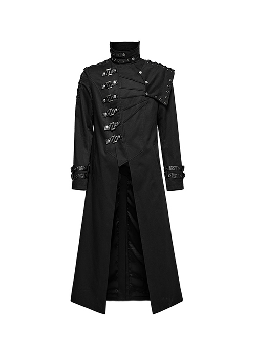 Punk Style High Collar, Detachable Shoulder Piece Metal Rivet Buckle Decoration Cool Black Male Long Coat