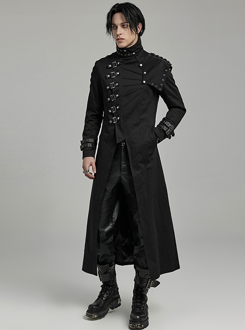 Punk Style High Collar, Detachable Shoulder Piece Metal Rivet Buckle Decoration Cool Black Male Long Coat