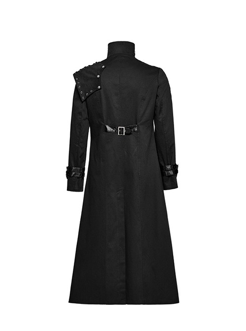 Punk Style High Collar, Detachable Shoulder Piece Metal Rivet Buckle Decoration Cool Black Male Long Coat