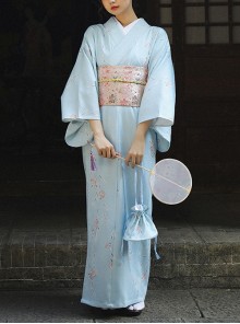 Elegant Pure Blue Fresh Vintage Traditional Japanese Style Kawaii Fashion Small White Floral Pattern Kimono