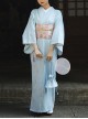 Elegant Pure Blue Fresh Vintage Traditional Japanese Style Kawaii Fashion Small White Floral Pattern Kimono