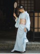 Elegant Pure Blue Fresh Vintage Traditional Japanese Style Kawaii Fashion Small White Floral Pattern Kimono