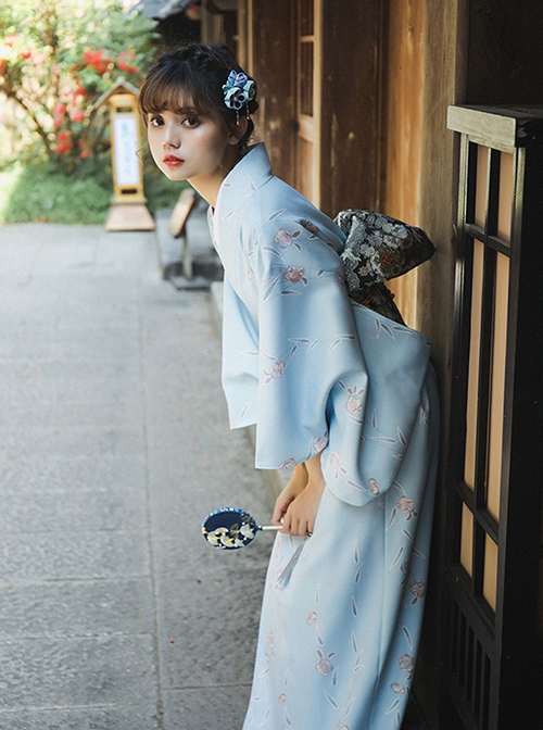 Elegant Pure Blue Fresh Vintage Traditional Japanese Style Kawaii Fashion Small White Floral Pattern Kimono