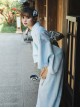 Elegant Pure Blue Fresh Vintage Traditional Japanese Style Kawaii Fashion Small White Floral Pattern Kimono