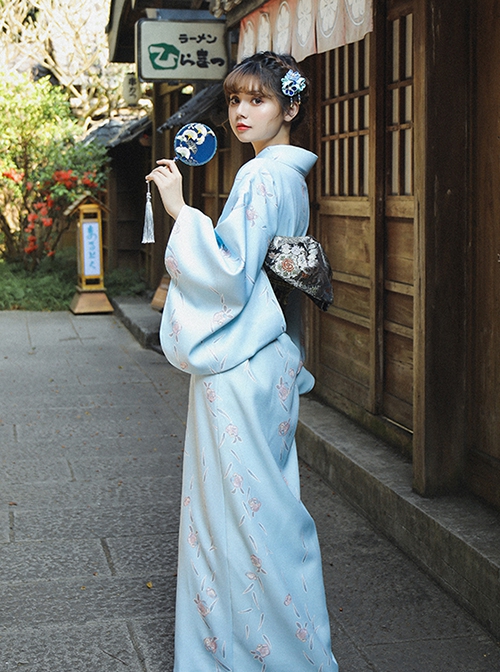 Elegant Pure Blue Fresh Vintage Traditional Japanese Style Kawaii Fashion Small White Floral Pattern Kimono