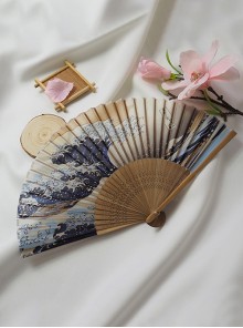Traditional Improved Kimono Filming Accessory Japanese Style Wave Print Wooden Fan Bone ]Kawaii Fashion Folding Fan