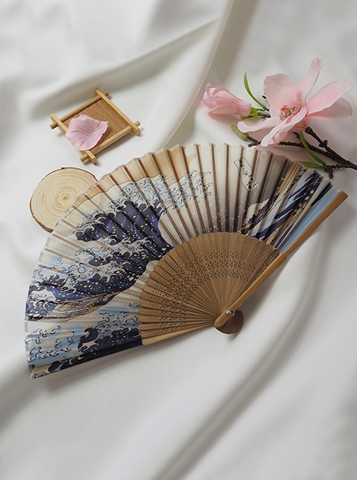 Traditional Improved Kimono Filming Accessory Japanese Style Wave Print Wooden Fan Bone ]Kawaii Fashion Folding Fan