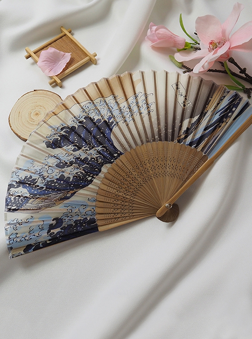 Traditional Improved Kimono Filming Accessory Japanese Style Wave Print Wooden Fan Bone ]Kawaii Fashion Folding Fan