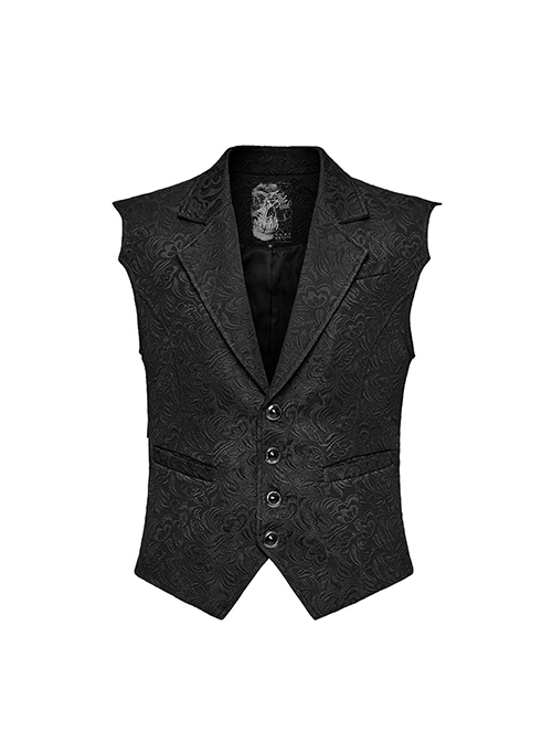 Gothic Style Lapel Unique Jacquard Dark Pattern Luxurious Gemstone Buttons Batwing Contour Black Slim Vest