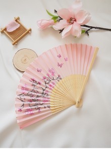 Traditional Japanese Style Versatile Cute Pink Sakura Print Light Wood Color Fan Bone Kawaii Fashion Folding Fan