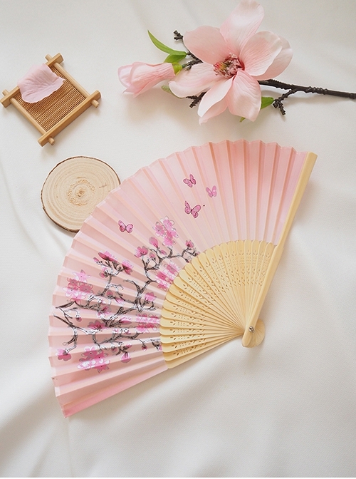 Traditional Japanese Style Versatile Cute Pink Sakura Print Light Wood Color Fan Bone Kawaii Fashion Folding Fan