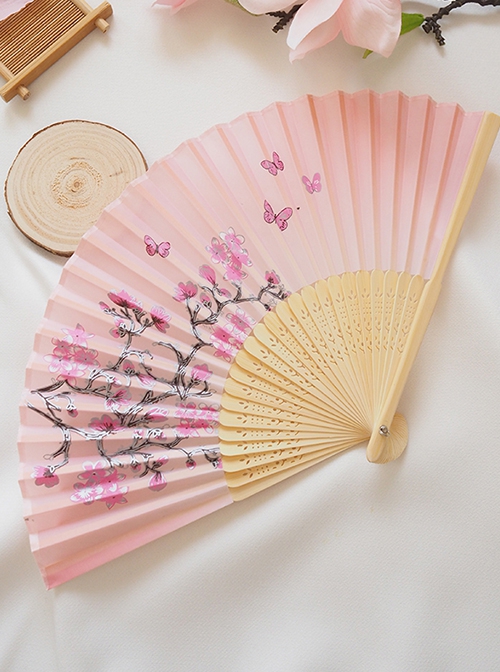 Traditional Japanese Style Versatile Cute Pink Sakura Print Light Wood Color Fan Bone Kawaii Fashion Folding Fan