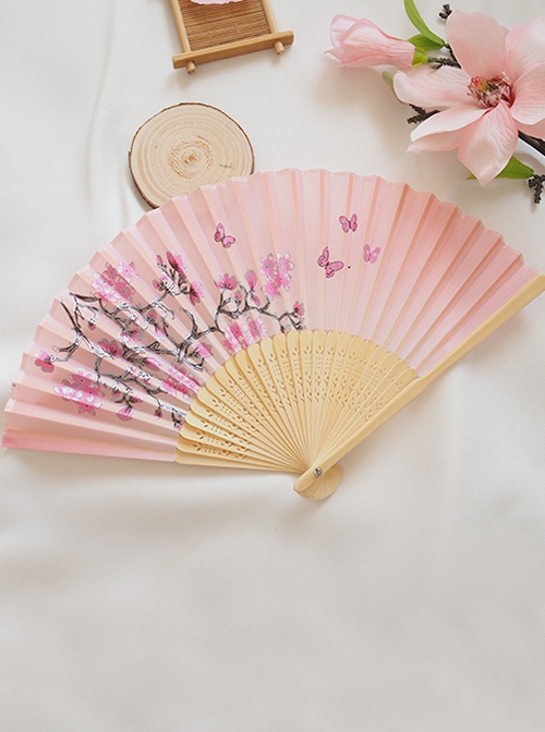 Traditional Japanese Style Versatile Cute Pink Sakura Print Light Wood Color Fan Bone Kawaii Fashion Folding Fan