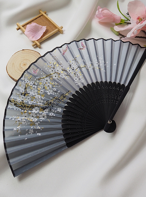 elegant Exquisite Traditional Japanese style versatile Sakura butterfly print Black fan bone Kawaii Fashion Folding Fan