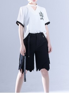 Vintage Dark Black Versatile Gothic Straight Irregular Sharp Corners Hem Sweet Cool Ouji Fashion Short Pants