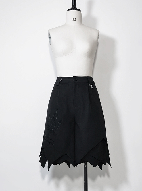 Vintage Dark Black Versatile Gothic Straight Irregular Sharp Corners Hem Sweet Cool Ouji Fashion Short Pants