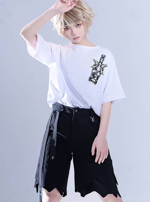 Vintage Dark Black Versatile Gothic Straight Irregular Sharp Corners Hem Sweet Cool Ouji Fashion Short Pants