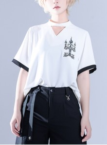 Summer Standing Neck Bead Personalized Niche Skinny Embroidered White Ouji Fashion Short Sleeves Shirt