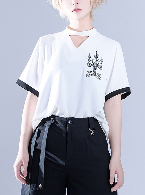 Summer Standing Neck Bead Personalized Niche Skinny Embroidered White Ouji Fashion Short Sleeves Shirt