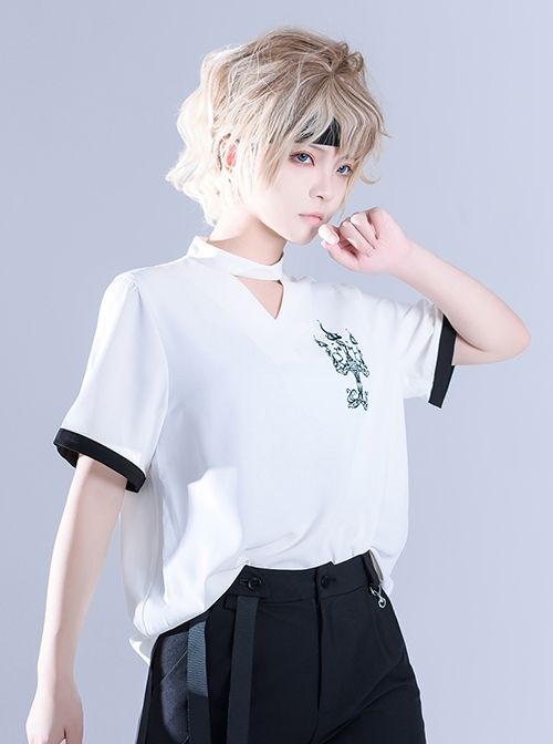 Summer Standing Neck Bead Personalized Niche Skinny Embroidered White Ouji Fashion Short Sleeves Shirt