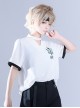 Summer Standing Neck Bead Personalized Niche Skinny Embroidered White Ouji Fashion Short Sleeves Shirt