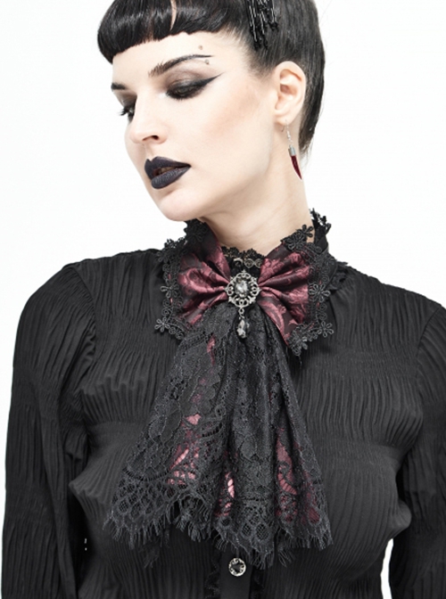 Gothic Elegant Lace Hem Stitching Jacquard Front Center Diamond Pendant Black Red Collar Ornament