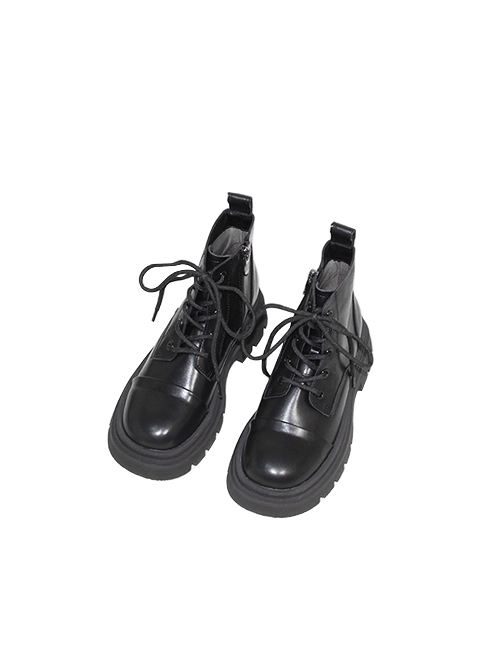 Black Versatile Cool Punk Lolita Ouji Fashion British Style Chunky Heel Cowhide Shoelace Martin Short Boots