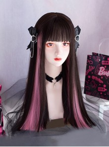 Idol Style Subculture Black Pink Highlight Dyed Flat Bangs Sweet Cool Lolita Y2K Long Straight Wig