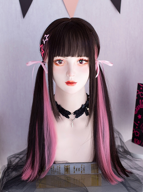 Idol Style Subculture Black Pink Highlight Dyed Flat Bangs Sweet Cool Lolita Y2K Long Straight Wig