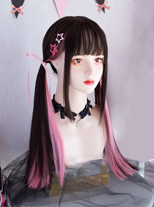 Idol Style Subculture Black Pink Highlight Dyed Flat Bangs Sweet Cool Lolita Y2K Long Straight Wig