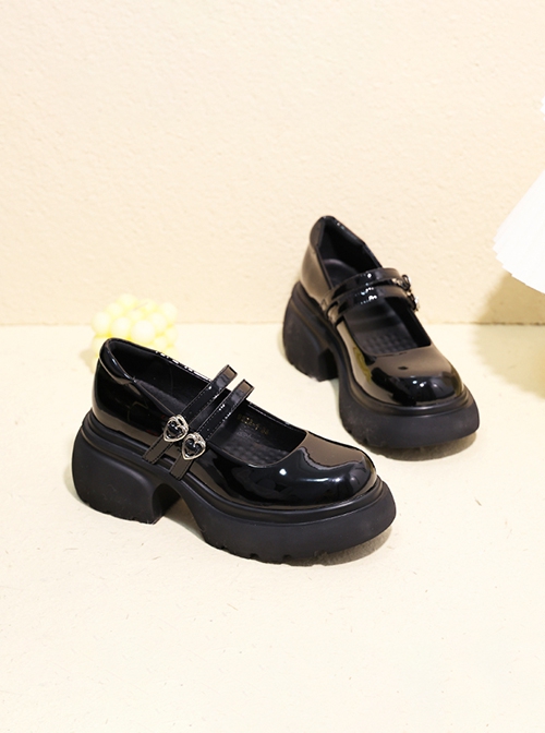 Y2K Black Versatile Heart Shape Buttons Fashion sweet lolita  Round Toe Chunky Leather High Heels Mary Jane Shoes