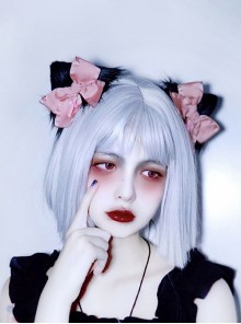 Cute Y2K Subculture Ballet Pink Satin Bowknot Cross Pendant Gothic Lolita Black Plush Cat Ear Hair Clip